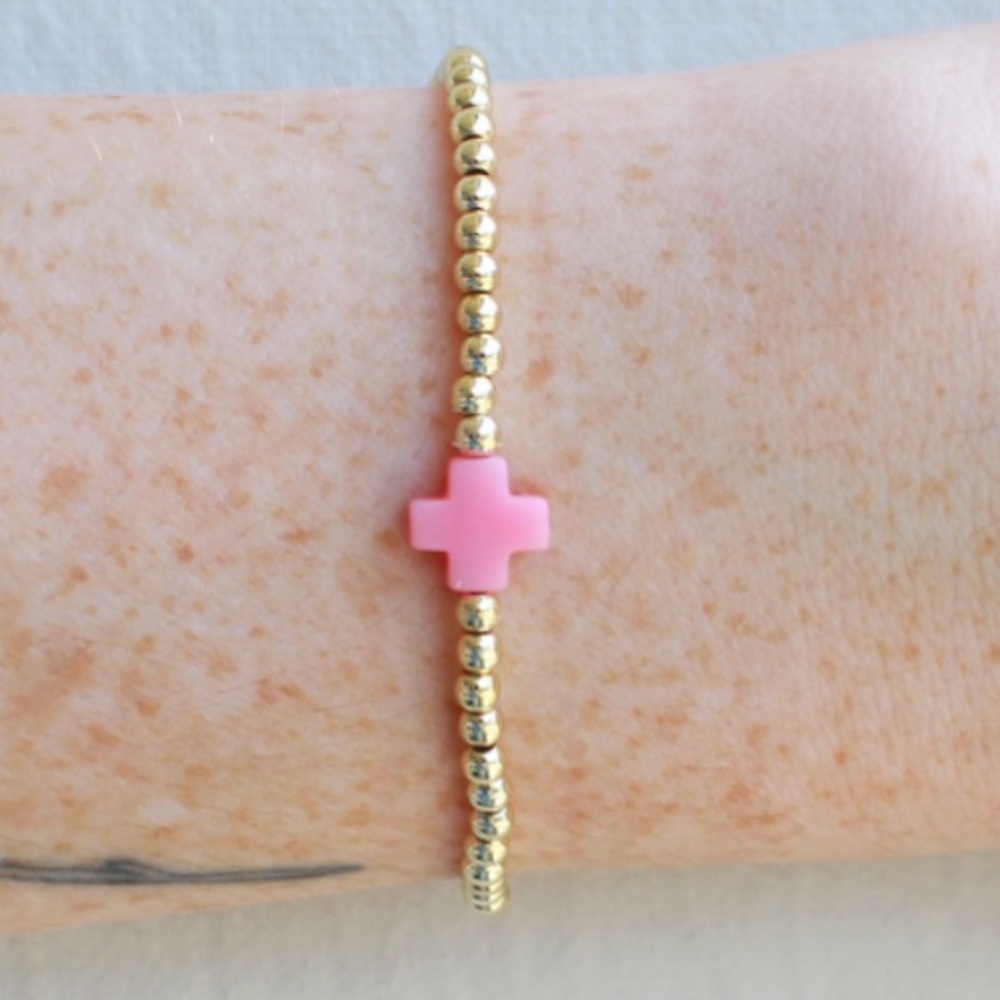 Bead Pink Cross Bracelet Stretch Sterling silver beads or gold, Waterproof